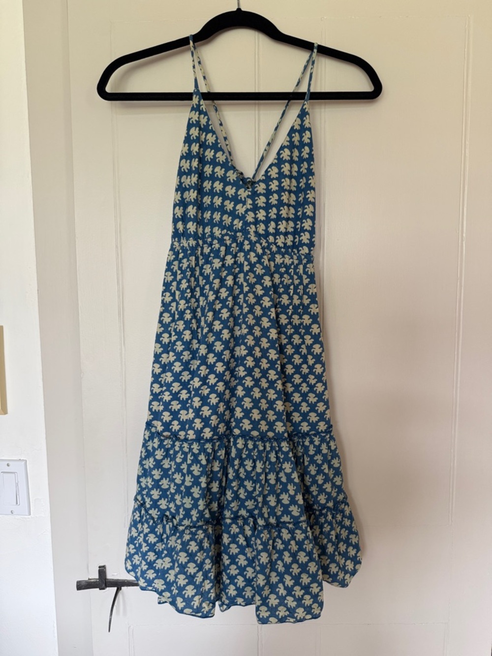 Blue Printed Tiered Mini Dress with Cream Motif